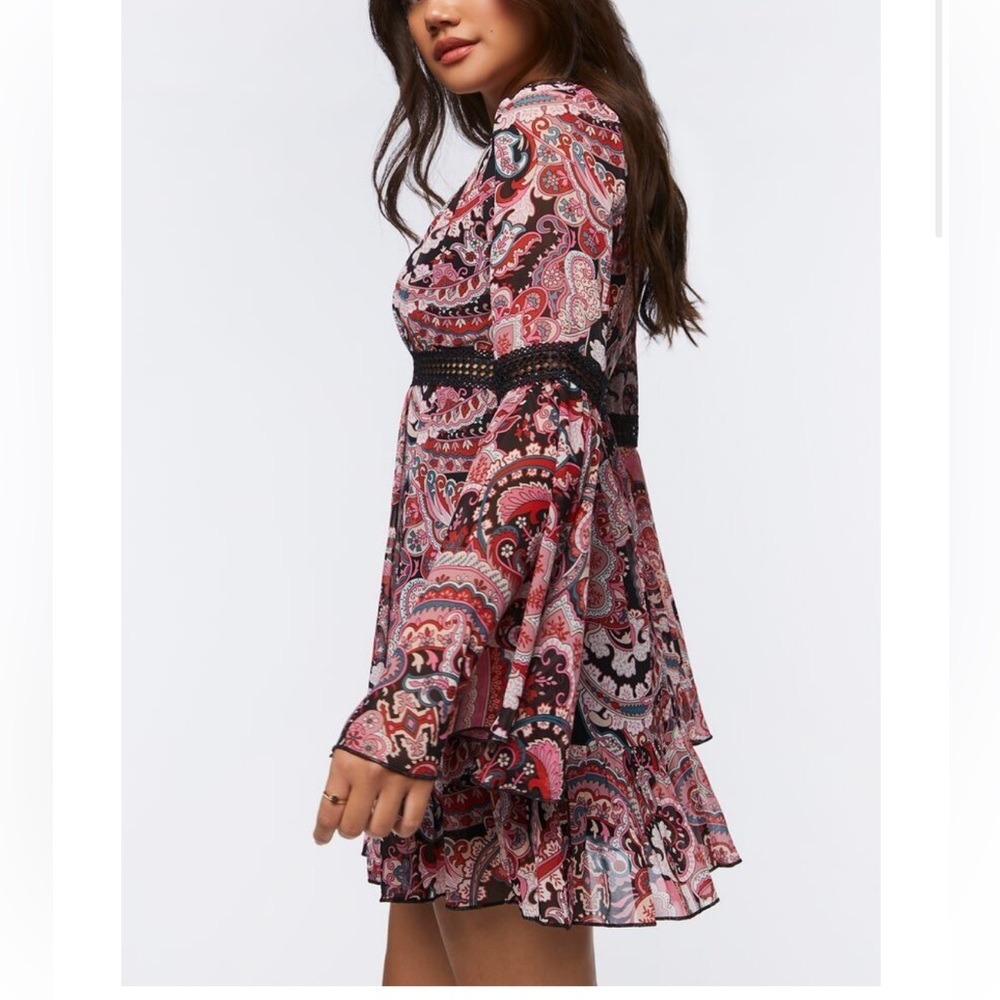 Sheer Dress Paisley Print Mini Boho romantic Flare Sleeve whimsigoth Large